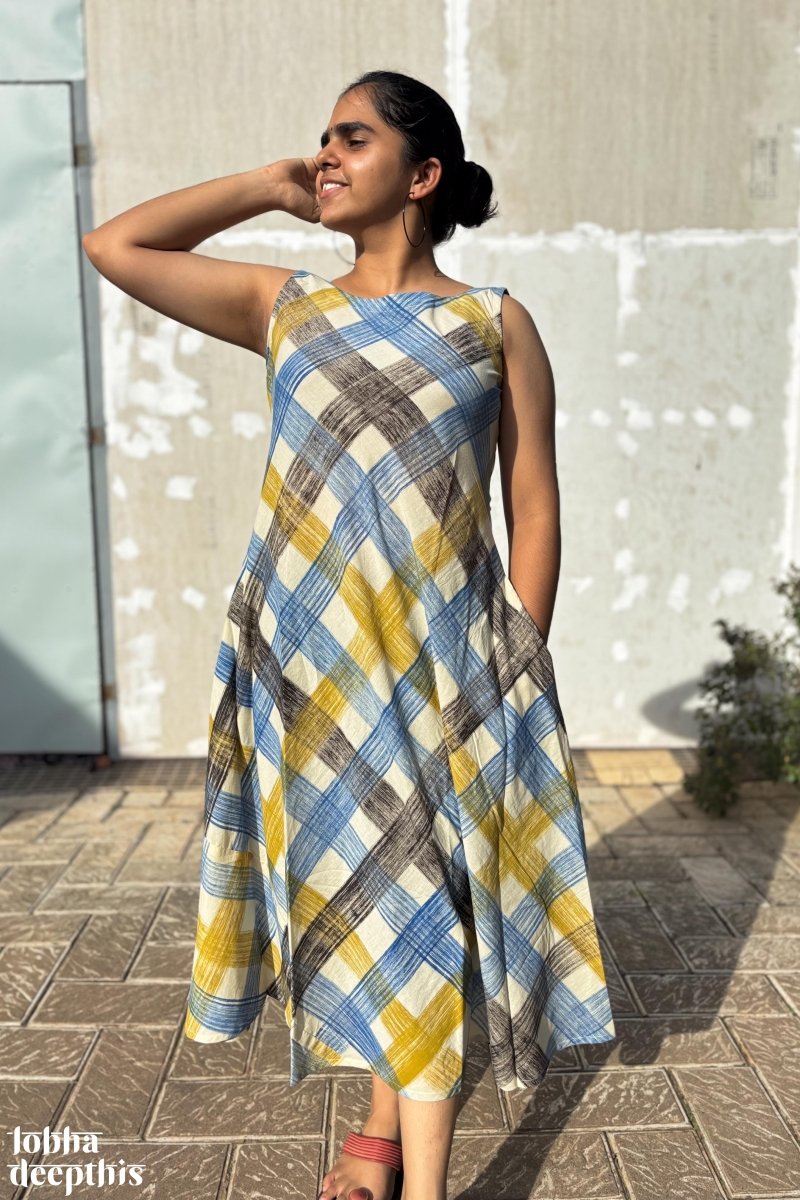 Marina Plaid Bagru Sleeveless Dress - Lobha Deepthis