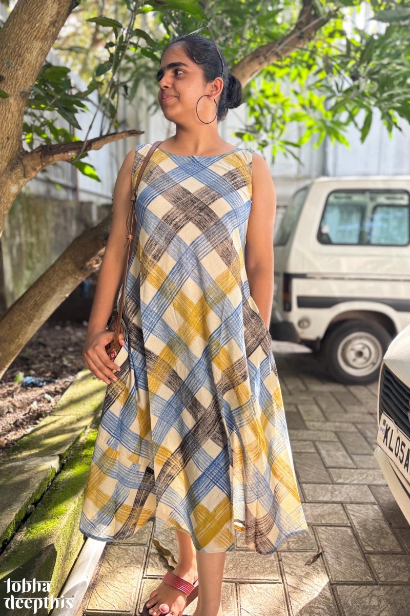 Marina Plaid Bagru Sleeveless Dress - Lobha Deepthis