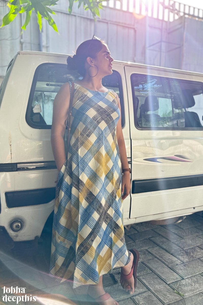 Marina Plaid Bagru Sleeveless Dress - Lobha Deepthis