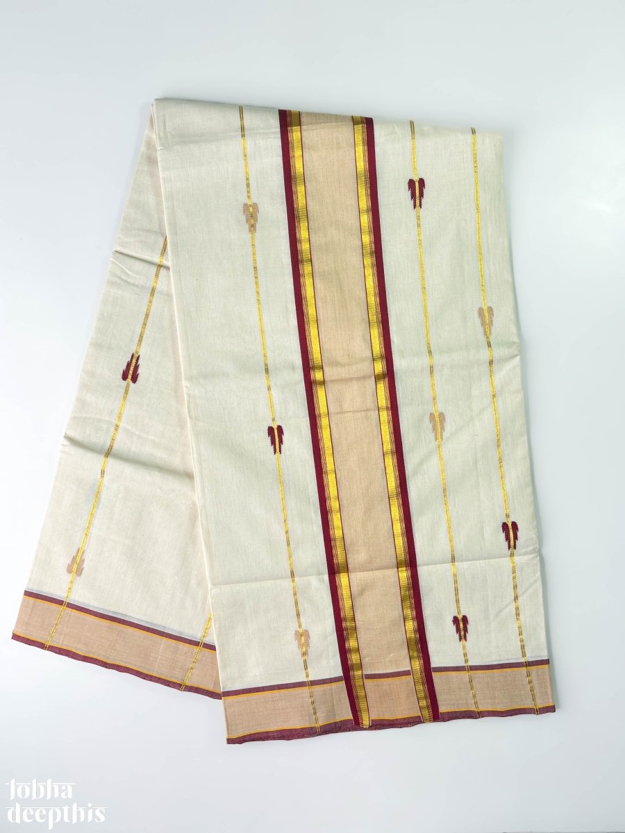 Maroon and Golden Borders and Lines Balaramapuram Handloom Saree - Lobha Deepthis