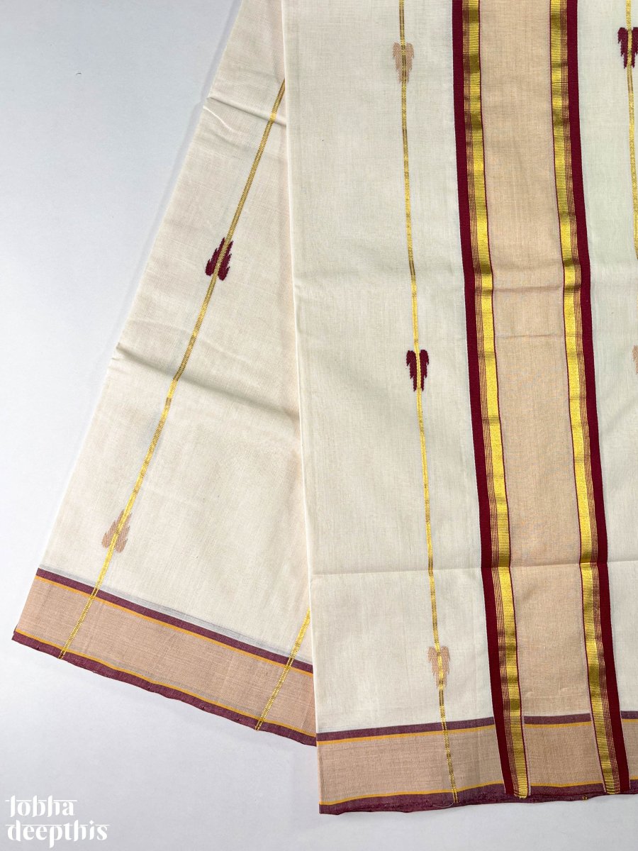 Maroon and Golden Borders and Lines Balaramapuram Handloom Saree - Lobha Deepthis