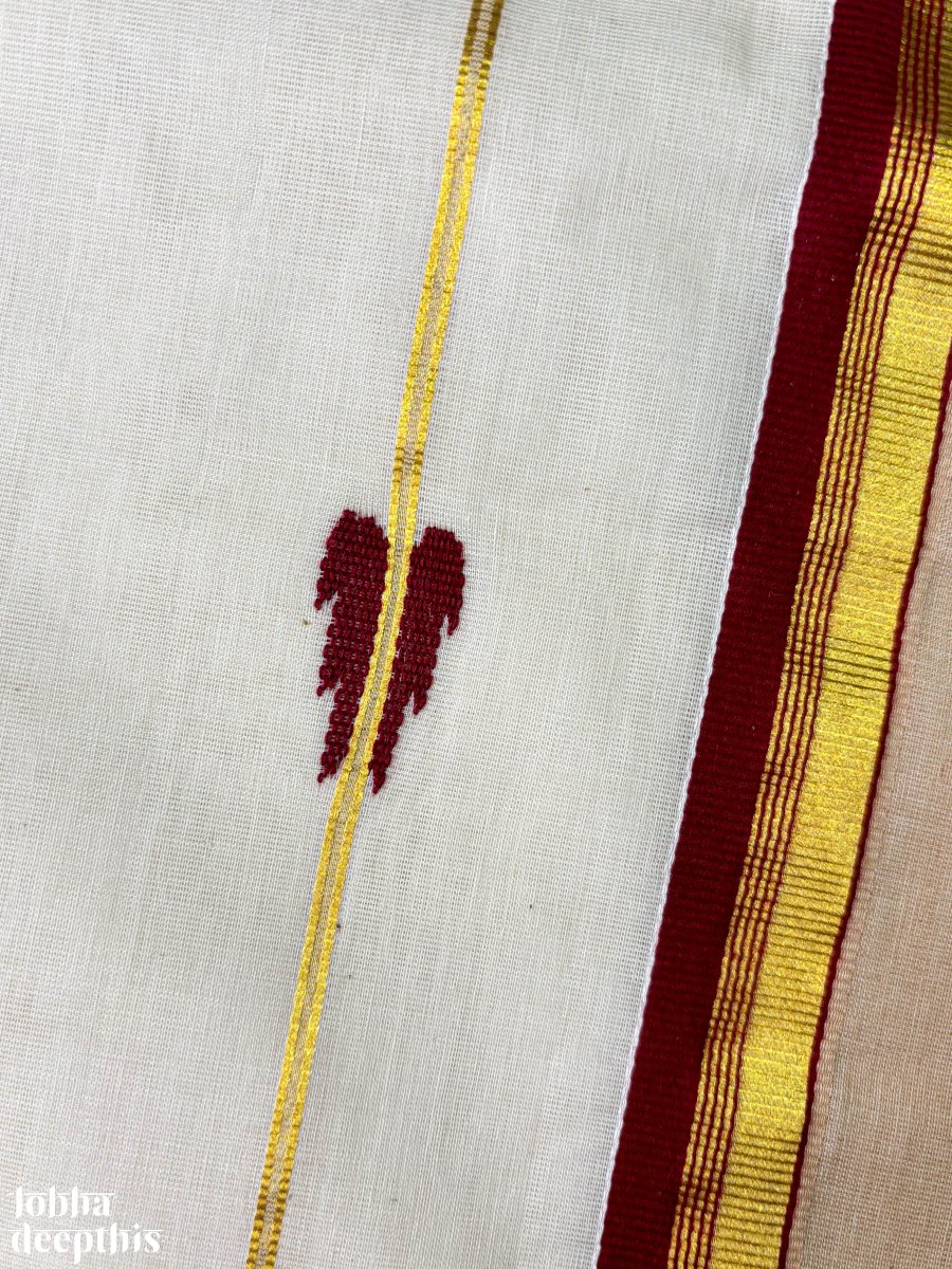 Maroon and Golden Borders and Lines Balaramapuram Handloom Saree - Lobha Deepthis