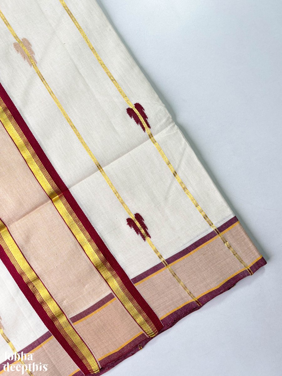 Maroon and Golden Borders and Lines Balaramapuram Handloom Saree - Lobha Deepthis