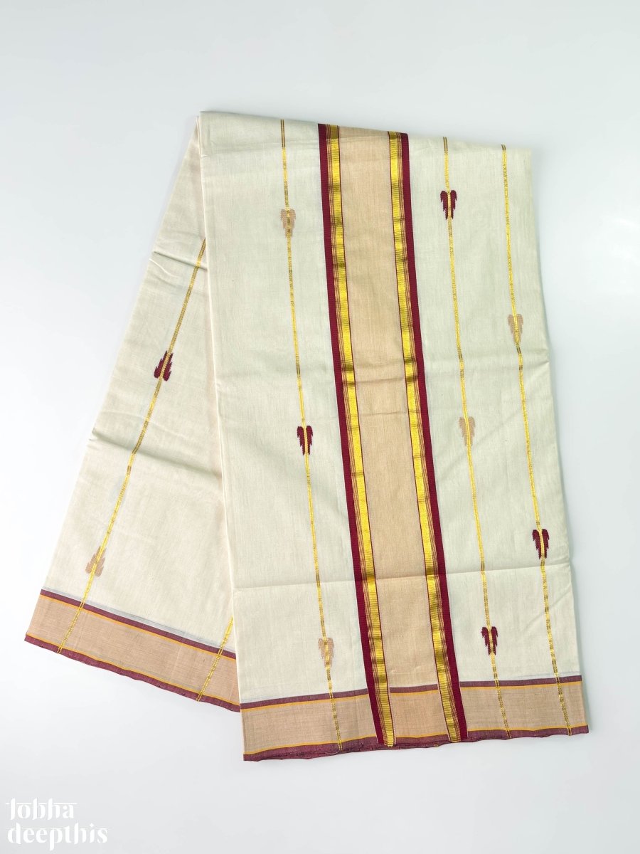 Maroon and Golden Borders and Lines Balaramapuram Handloom Saree - Lobha Deepthis