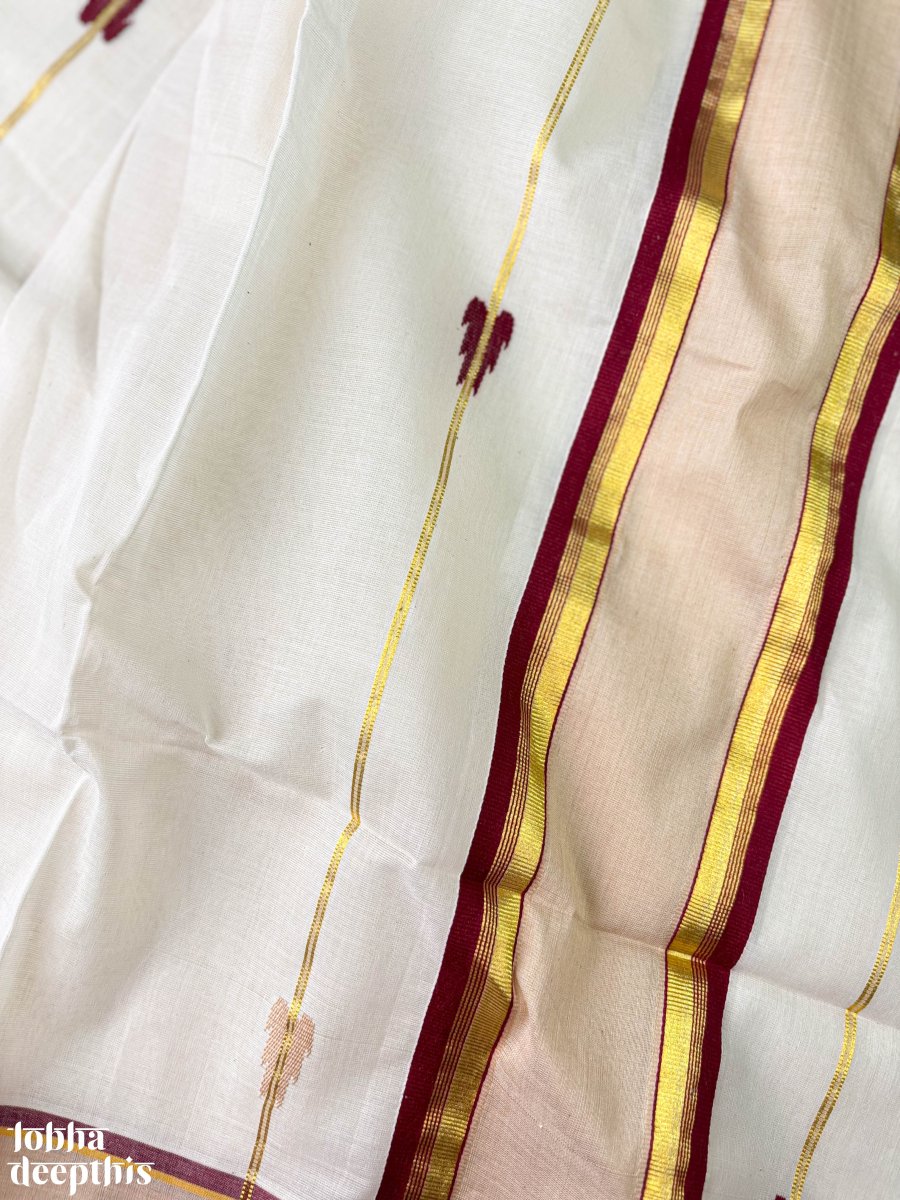 Maroon and Golden Borders and Lines Balaramapuram Handloom Saree - Lobha Deepthis