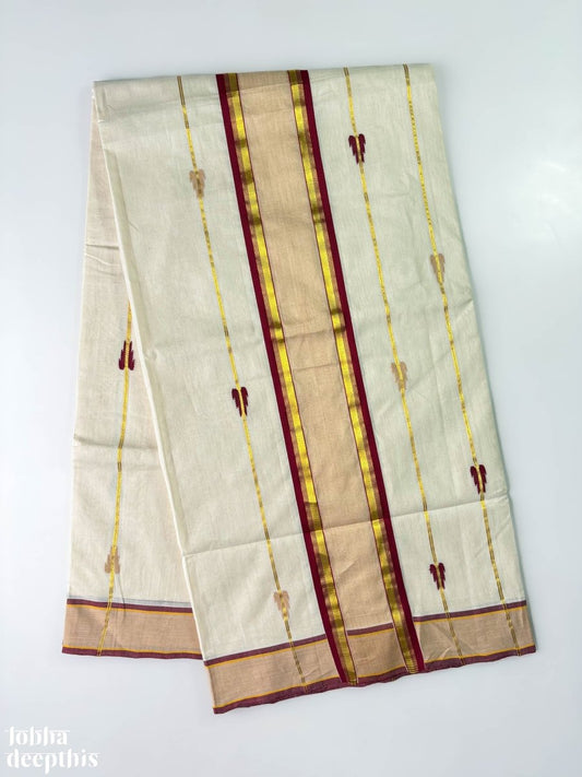 Maroon and Golden Borders and Lines Balaramapuram Handloom Saree - Lobha Deepthis