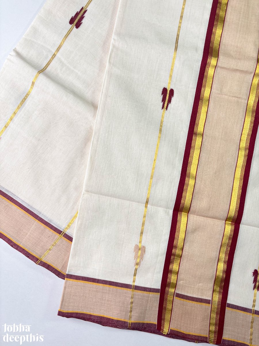 Maroon and Golden Borders and Lines Balaramapuram Handloom Saree - Lobha Deepthis