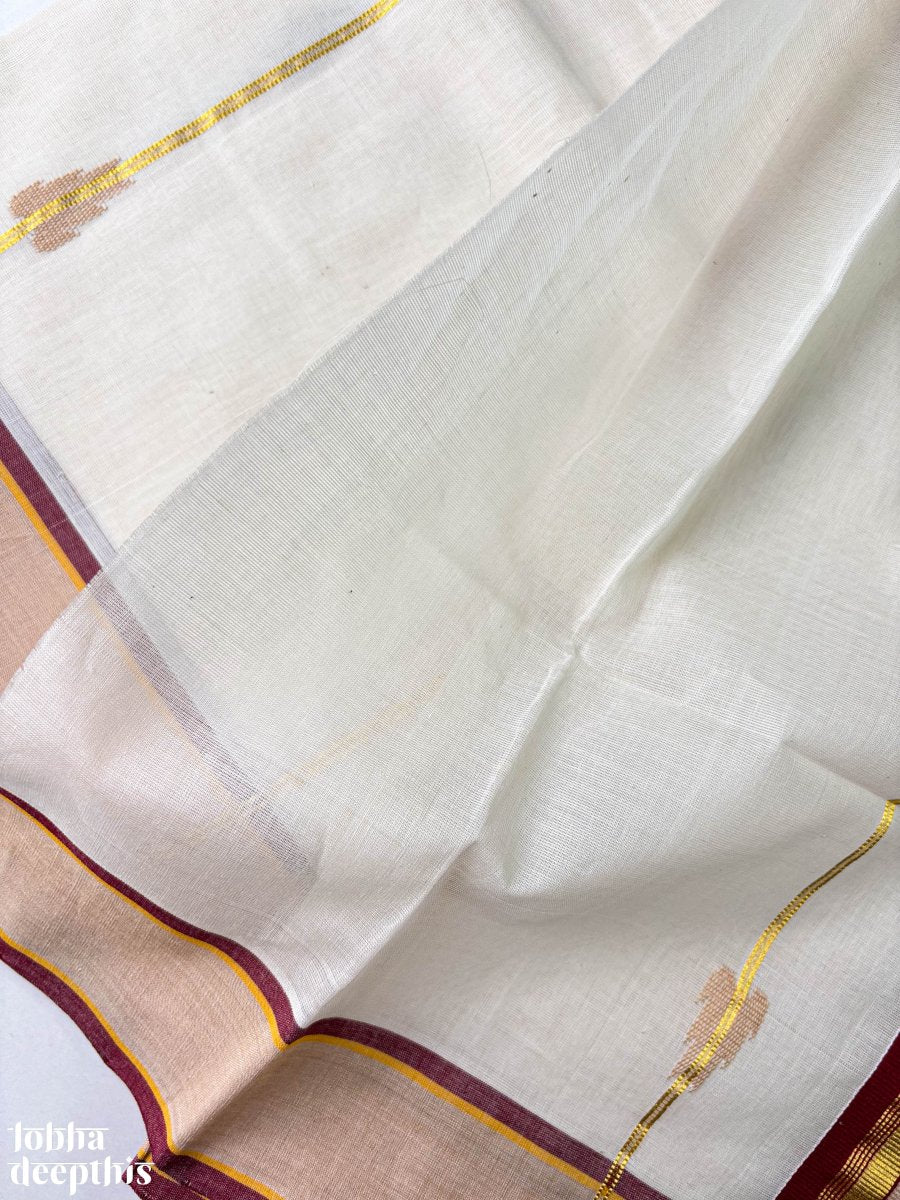 Maroon and Golden Borders and Lines Balaramapuram Handloom Saree - Lobha Deepthis