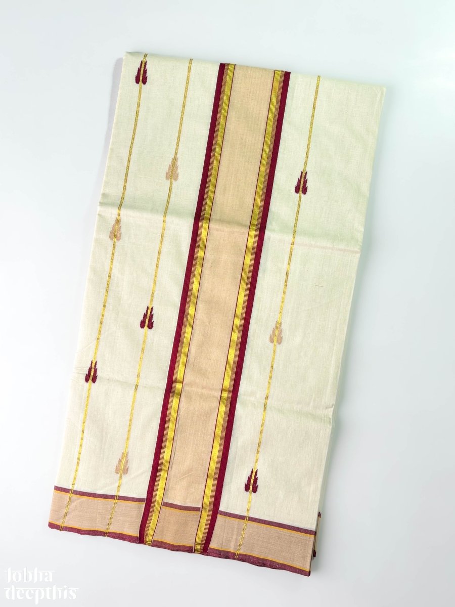 Maroon and Golden Borders and Lines Balaramapuram Handloom Saree - Lobha Deepthis