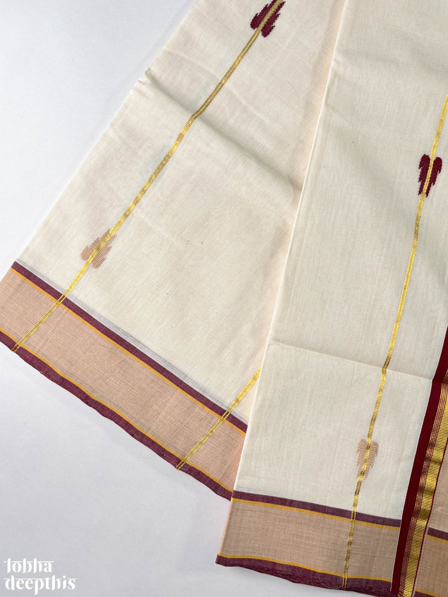 Maroon and Golden Borders and Lines Balaramapuram Handloom Saree - Lobha Deepthis