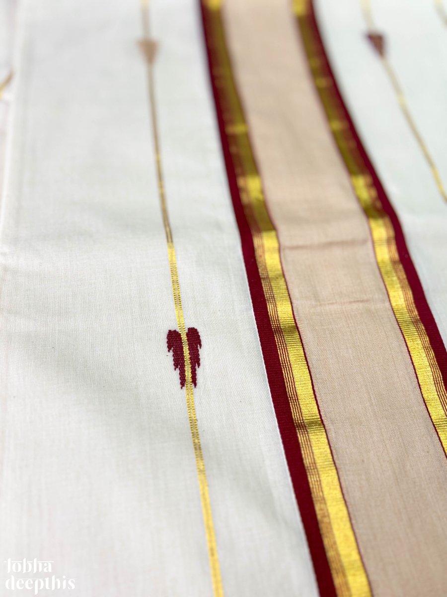 Maroon and Golden Borders and Lines Balaramapuram Handloom Saree - Lobha Deepthis