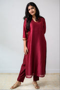 Maroon Maheshwari Silk Collar Kurta - Lobha Deepthis