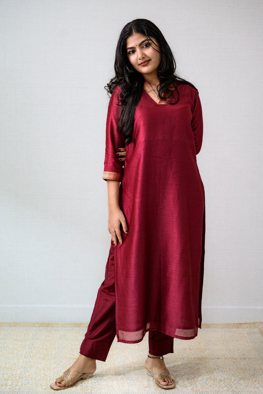 Maroon Maheshwari Silk Collar Kurta - Lobha Deepthis