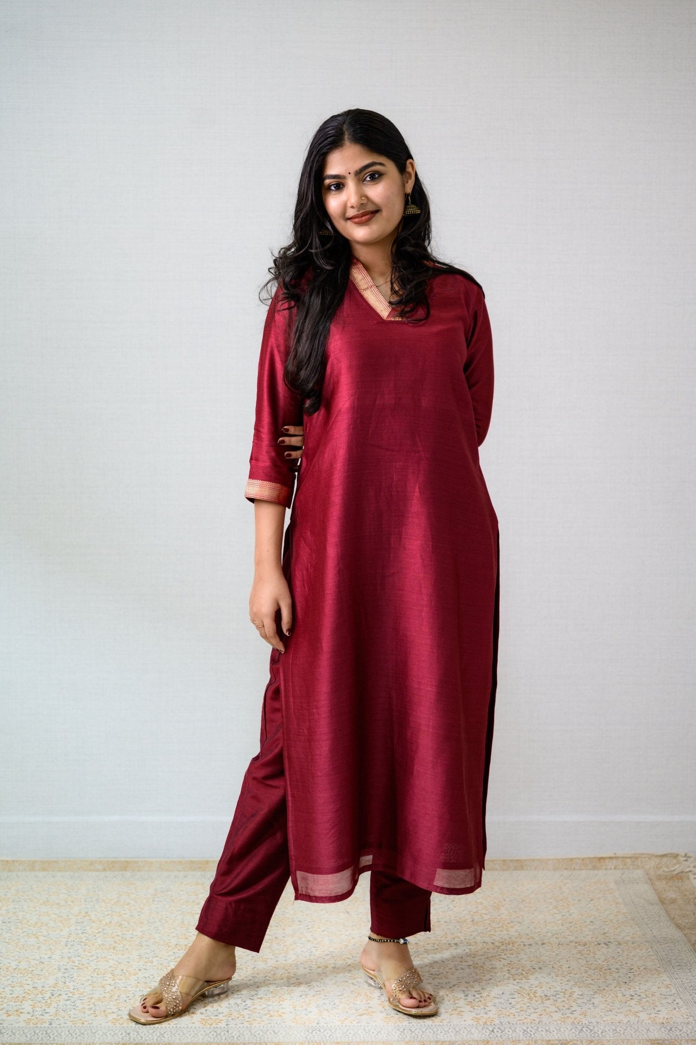 Maroon Maheshwari Silk Collar Kurta - Lobha Deepthis
