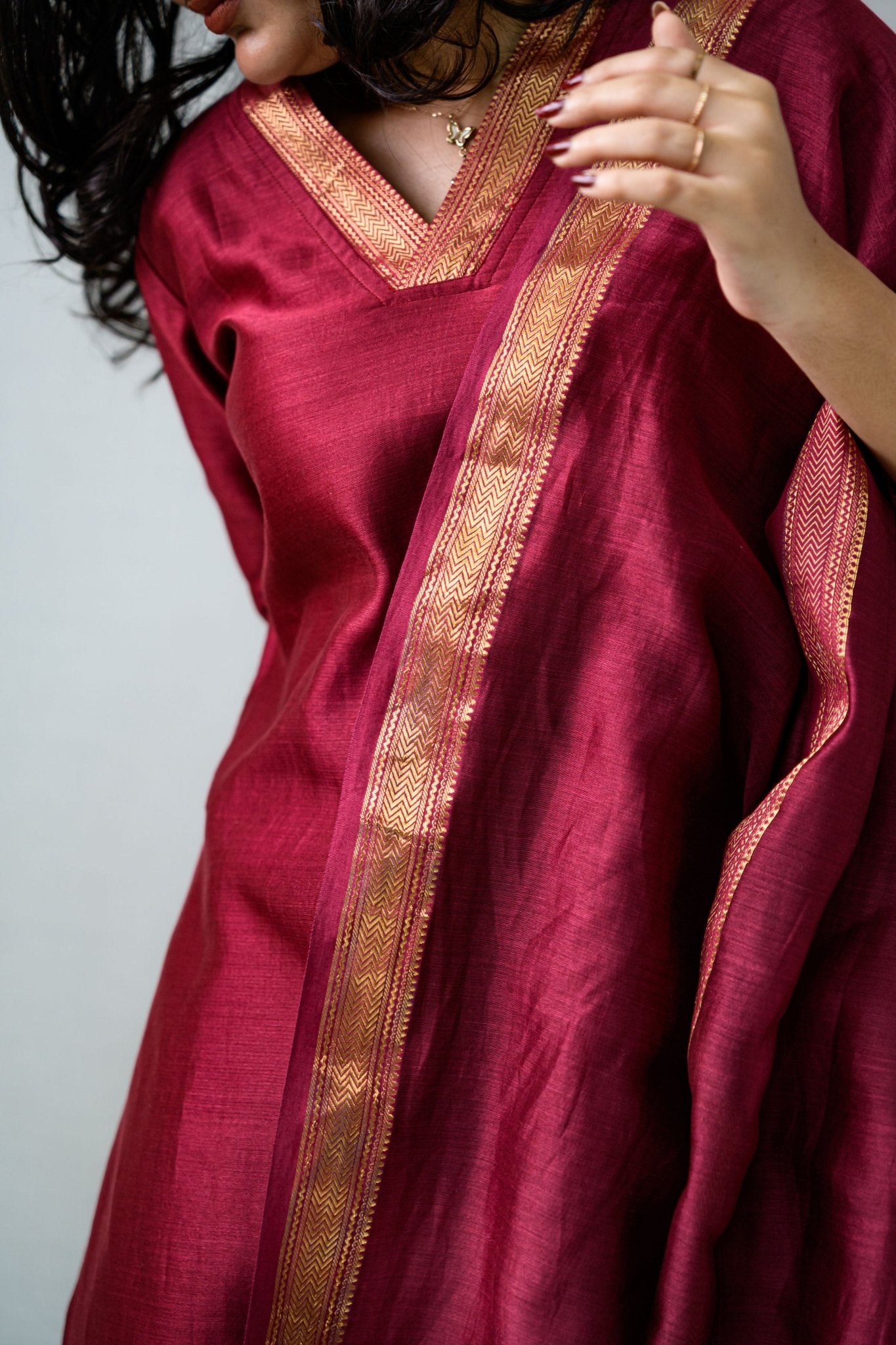 Maroon Maheshwari Silk Collar Kurta - Lobha Deepthis