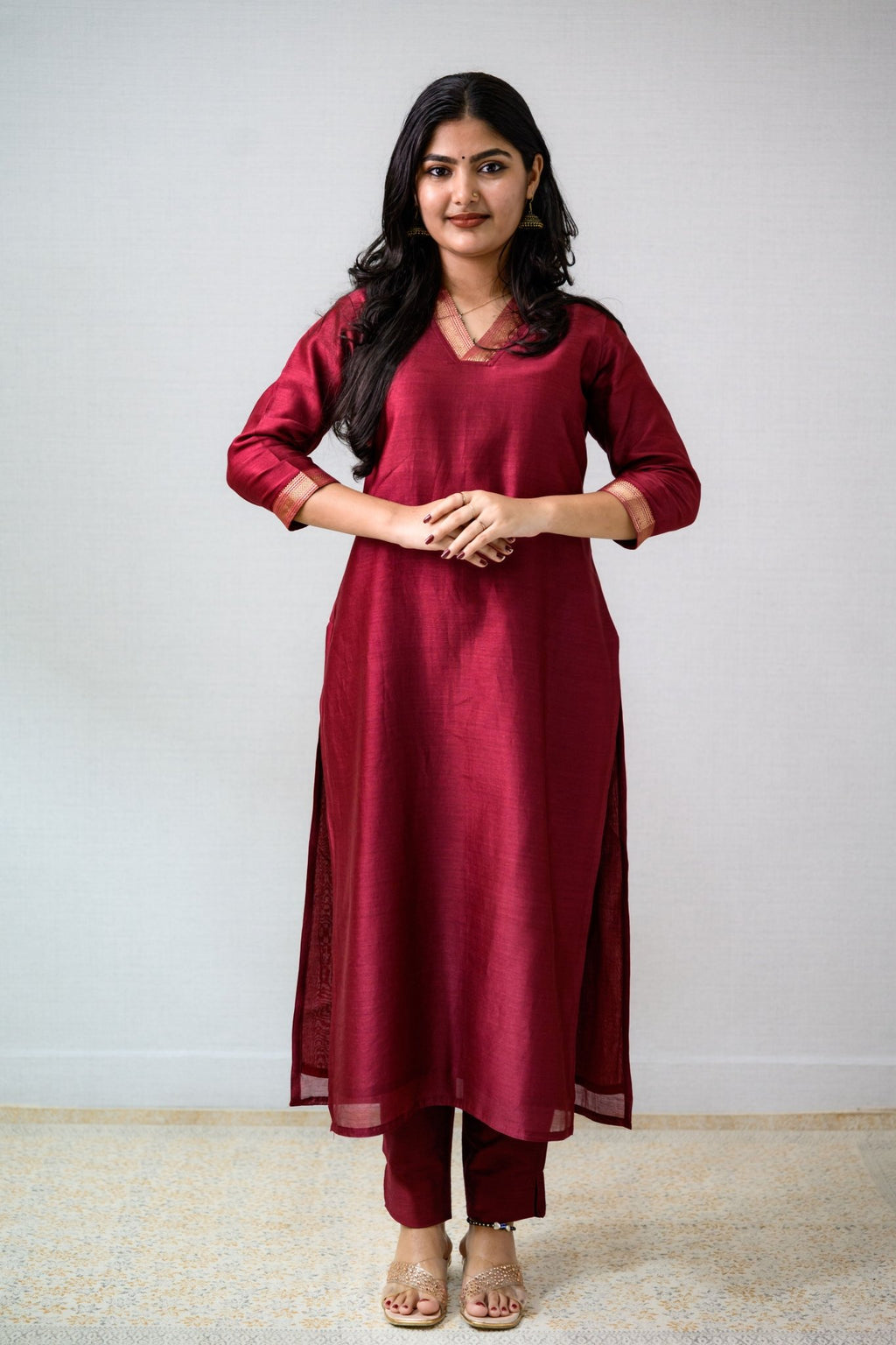 Maroon Maheshwari Silk Collar Kurta - Lobha Deepthis