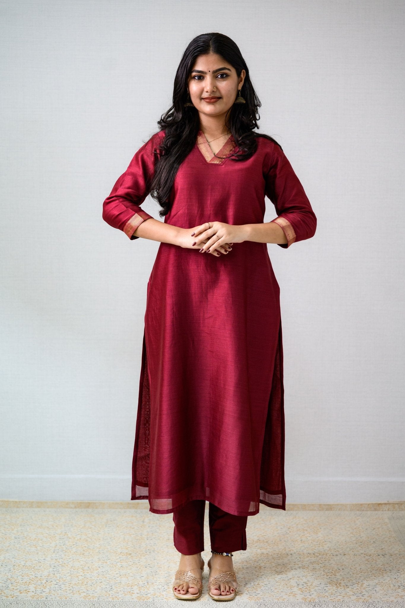 Maroon Maheshwari Silk Collar Kurta - Lobha Deepthis