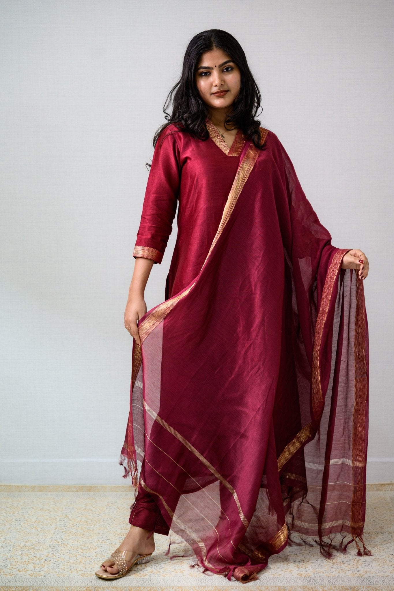 Maroon Maheshwari Silk Collar Kurta - Lobha Deepthis