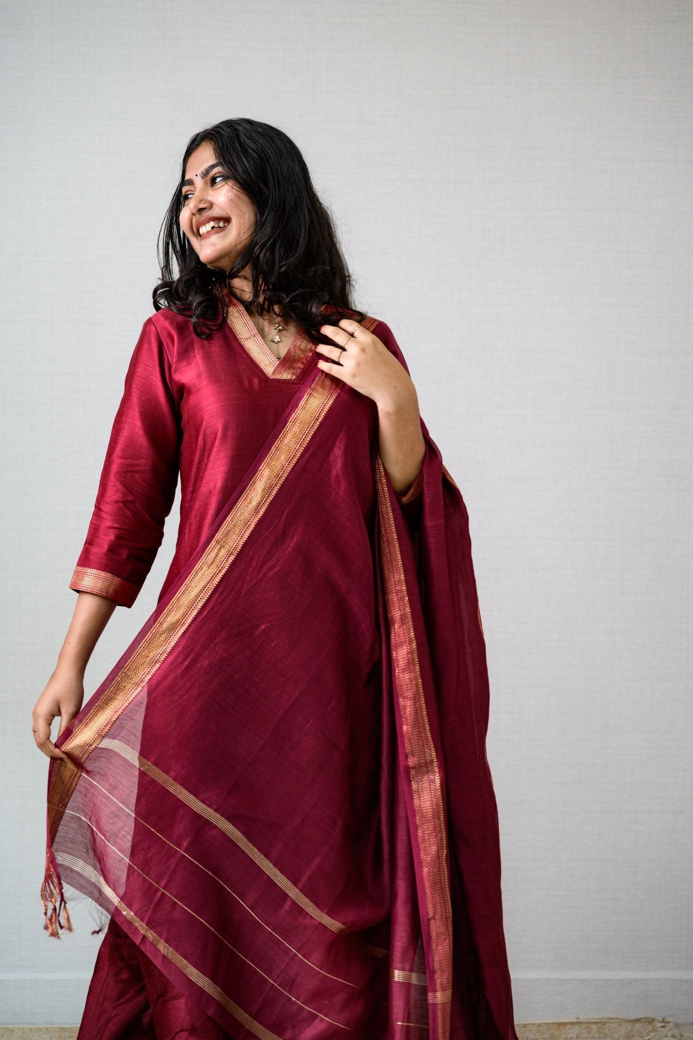 Maroon Maheshwari Silk Collar Kurta - Lobha Deepthis