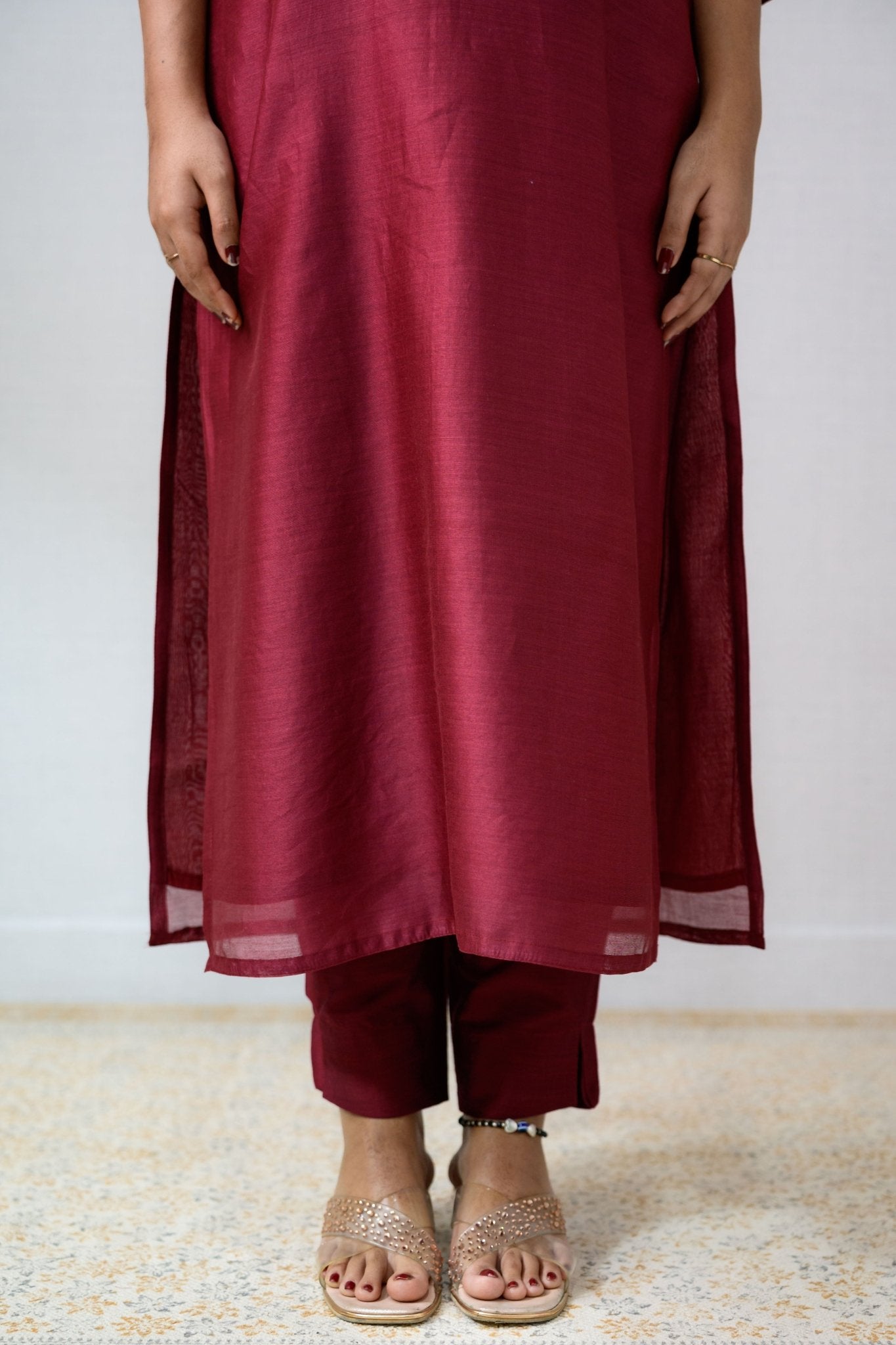 Maroon Maheshwari Silk Collar Kurta - Lobha Deepthis