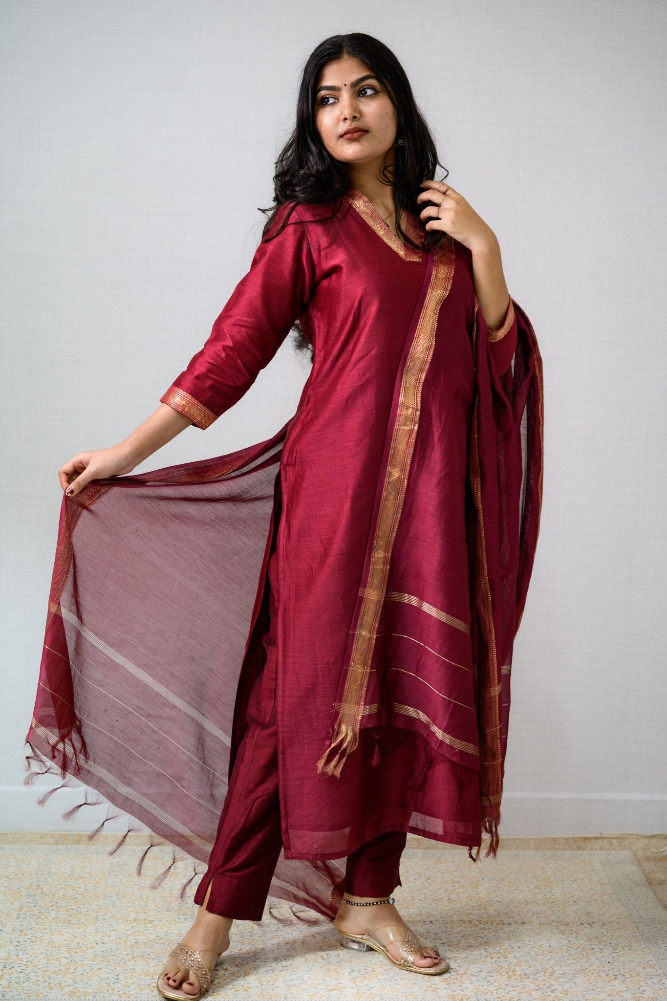Maroon Maheshwari Silk Collar Kurta - Lobha Deepthis