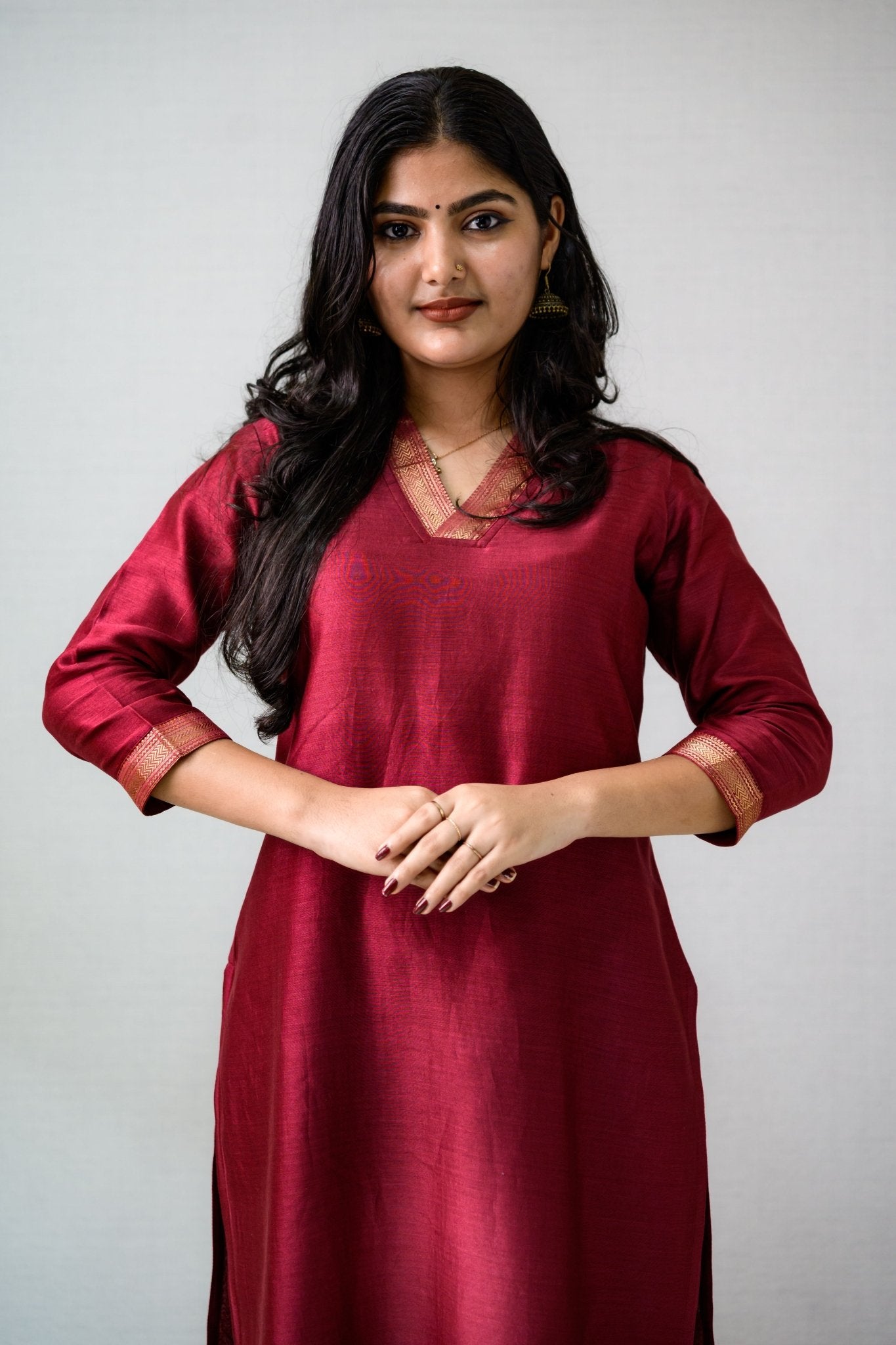 Maroon Maheshwari Silk Collar Kurta - Lobha Deepthis