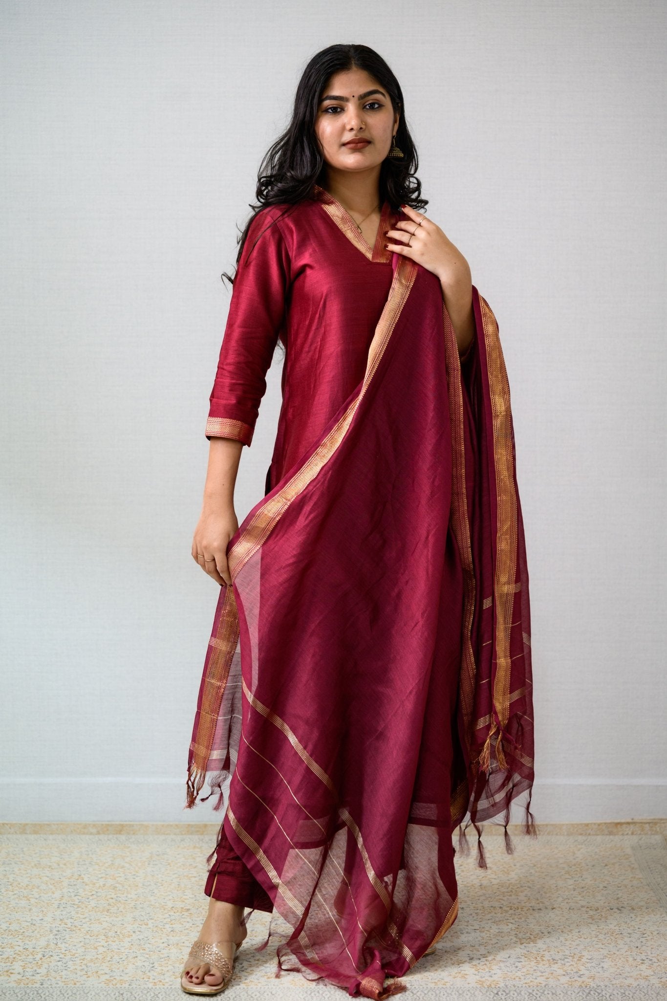 Maroon Maheshwari Silk Collar Kurta - Lobha Deepthis