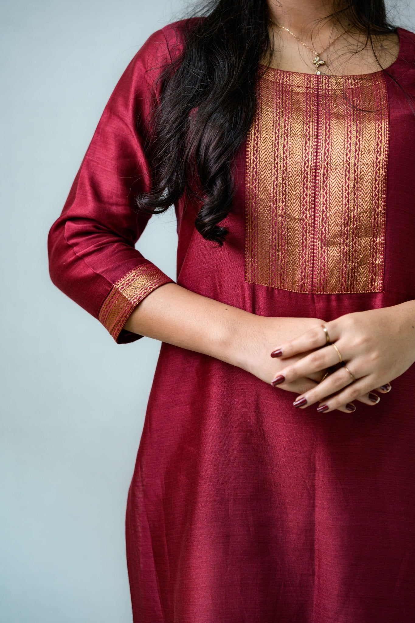 Maroon Maheshwari Silk Round Neck Kurta - Lobha Deepthis