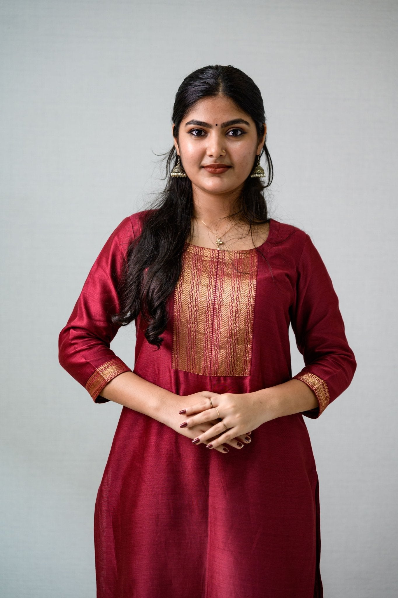 Maroon Maheshwari Silk Round Neck Kurta - Lobha Deepthis