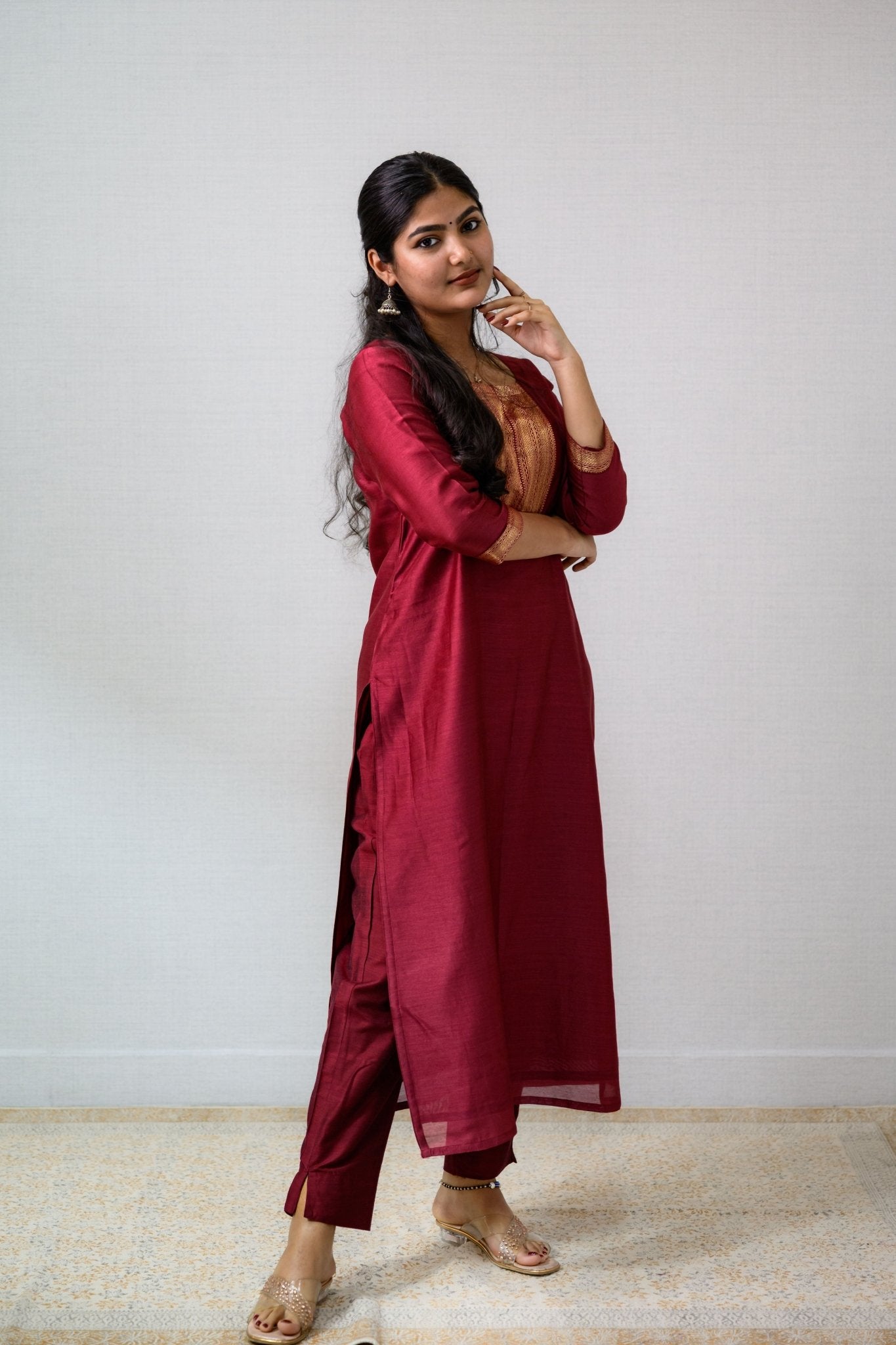 Maroon Maheshwari Silk Round Neck Kurta - Lobha Deepthis