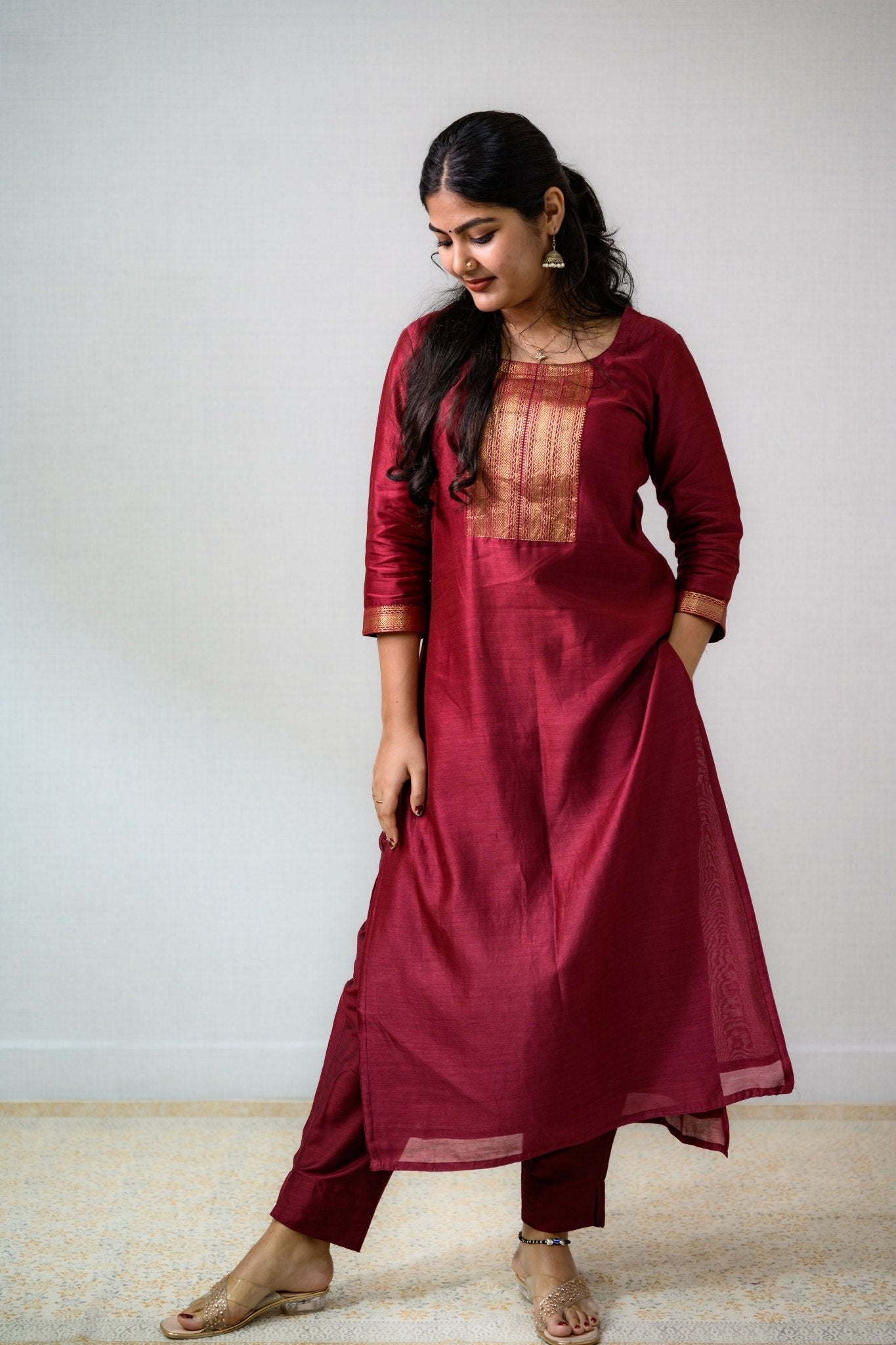 Maroon Maheshwari Silk Round Neck Kurta - Lobha Deepthis