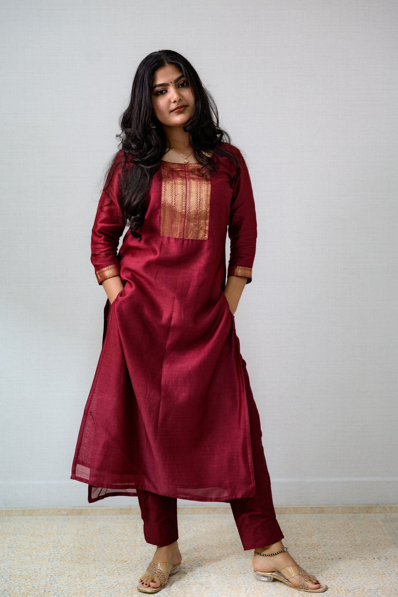 Maroon Maheshwari Silk Round Neck Kurta - Lobha Deepthis