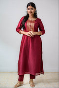 Maroon Maheshwari Silk Round Neck Kurta - Lobha Deepthis
