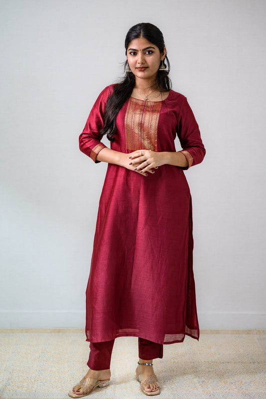 Maroon Maheshwari Silk Round Neck Kurta - Lobha Deepthis