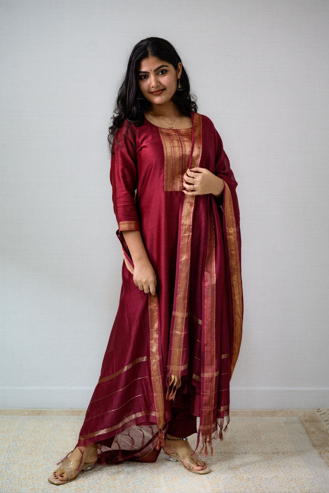 Maroon Maheshwari Silk Round Neck Kurta - Lobha Deepthis