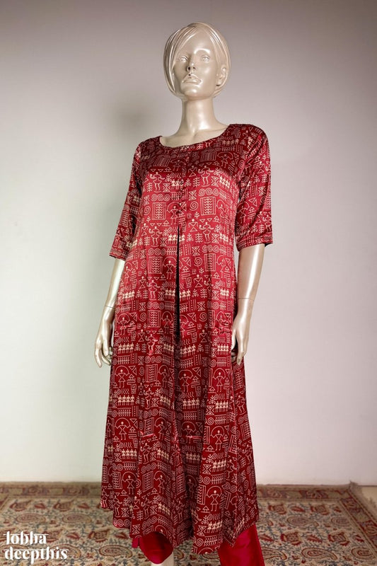 Maroon Mashru Silk Box Pleated Kurta - Lobha Deepthis