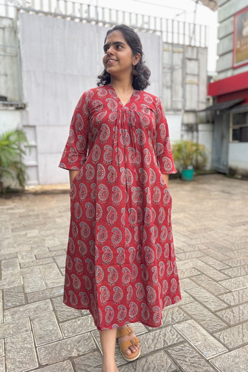 Maroon Paisley Ajrakh Alia Cut Dress - Lobha Deepthis