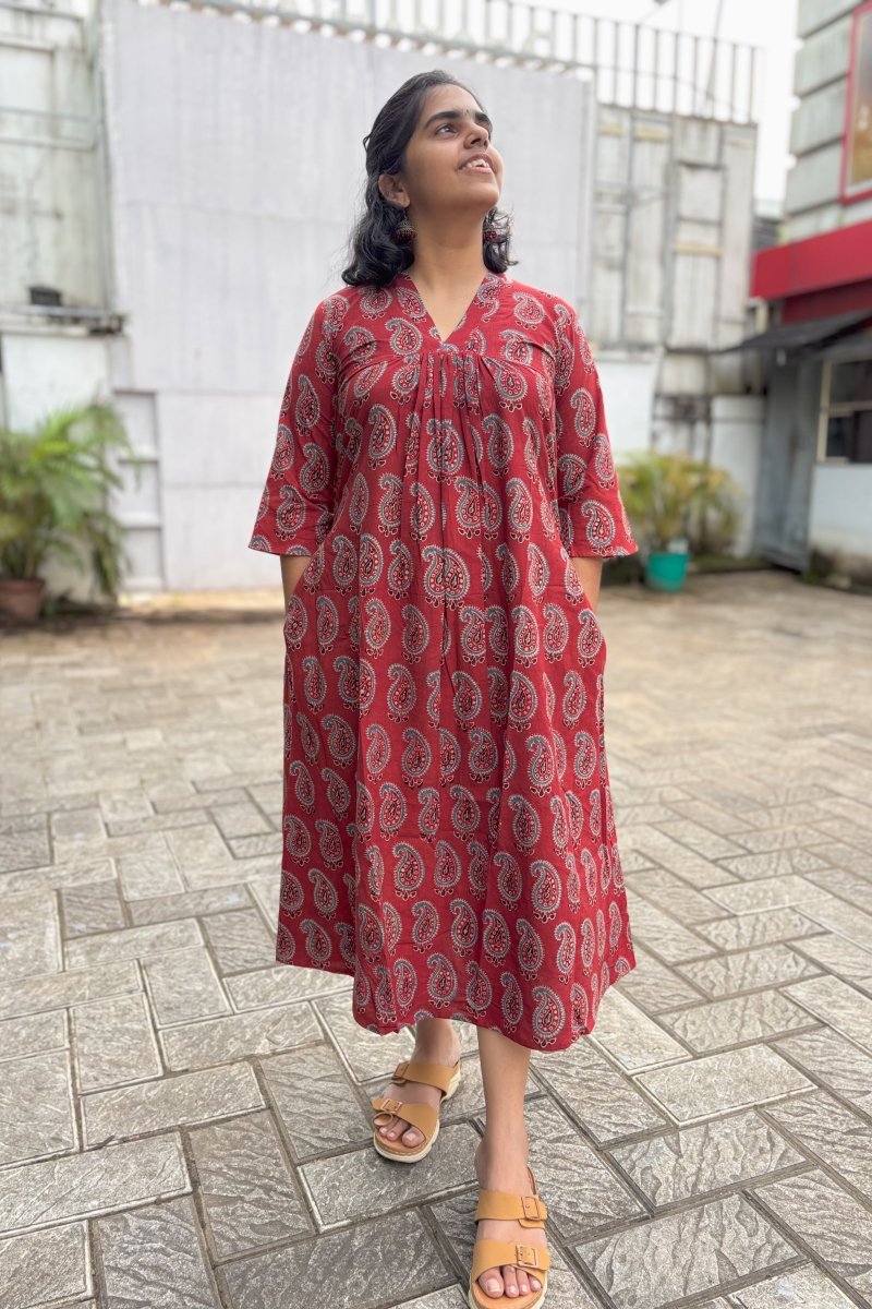 Maroon Paisley Ajrakh Print Cotton Pleated Dress- Lobha Deepthis Maroon Paisley Ajrakh Print Cotton Pleated Dress- Lobha Deepthis