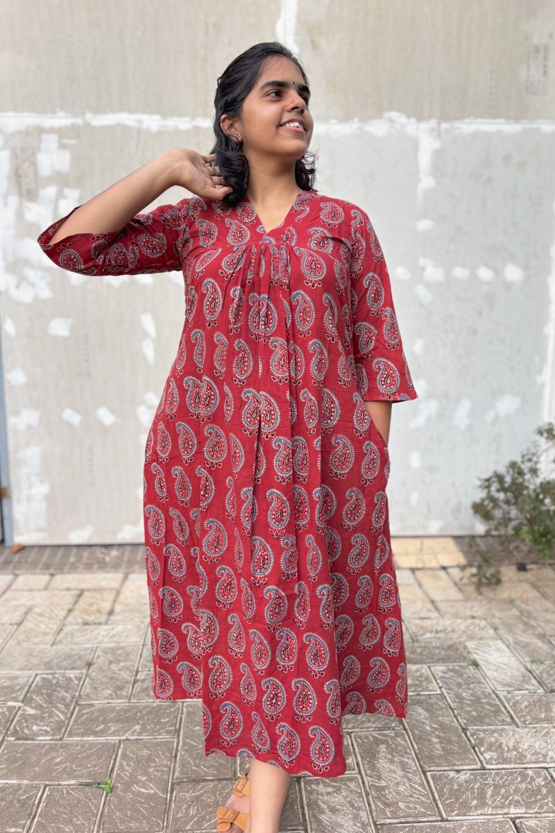 Maroon Paisley Ajrakh Alia Cut Dress - Lobha Deepthis