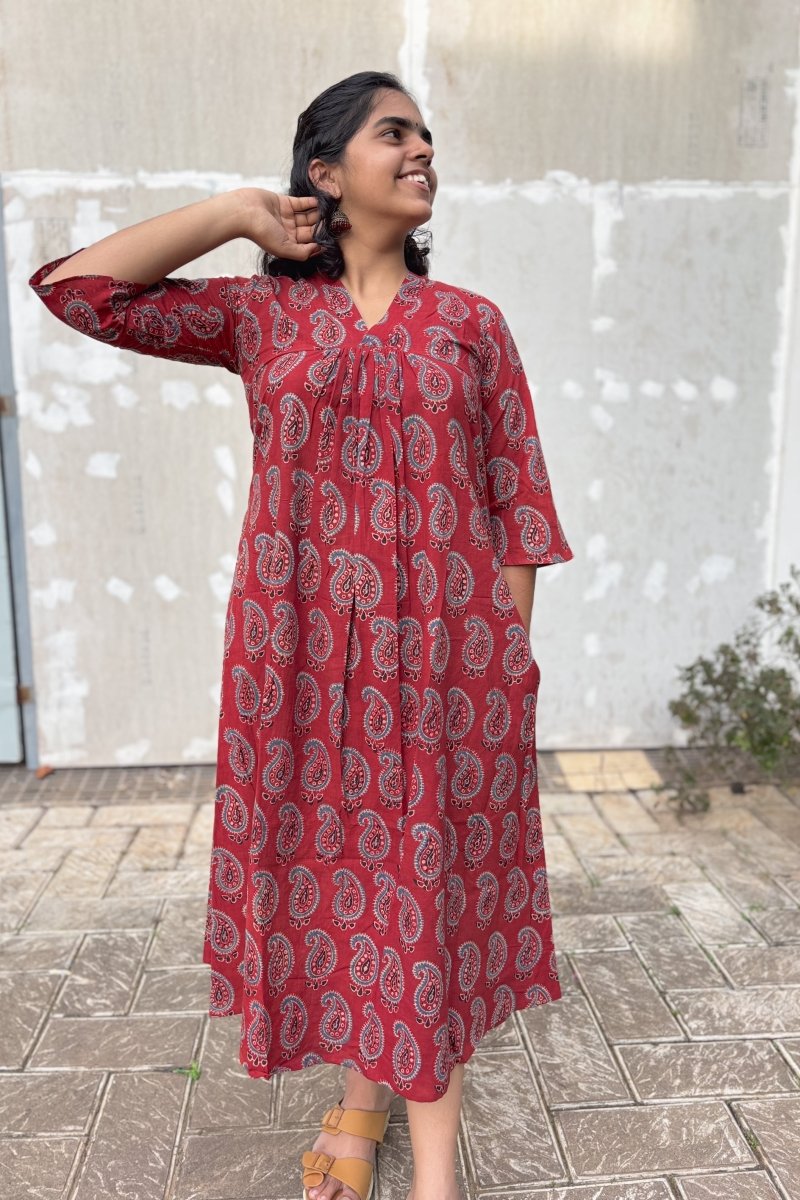 Maroon Paisley Ajrakh Print Cotton Pleated Dress- Lobha Deepthis