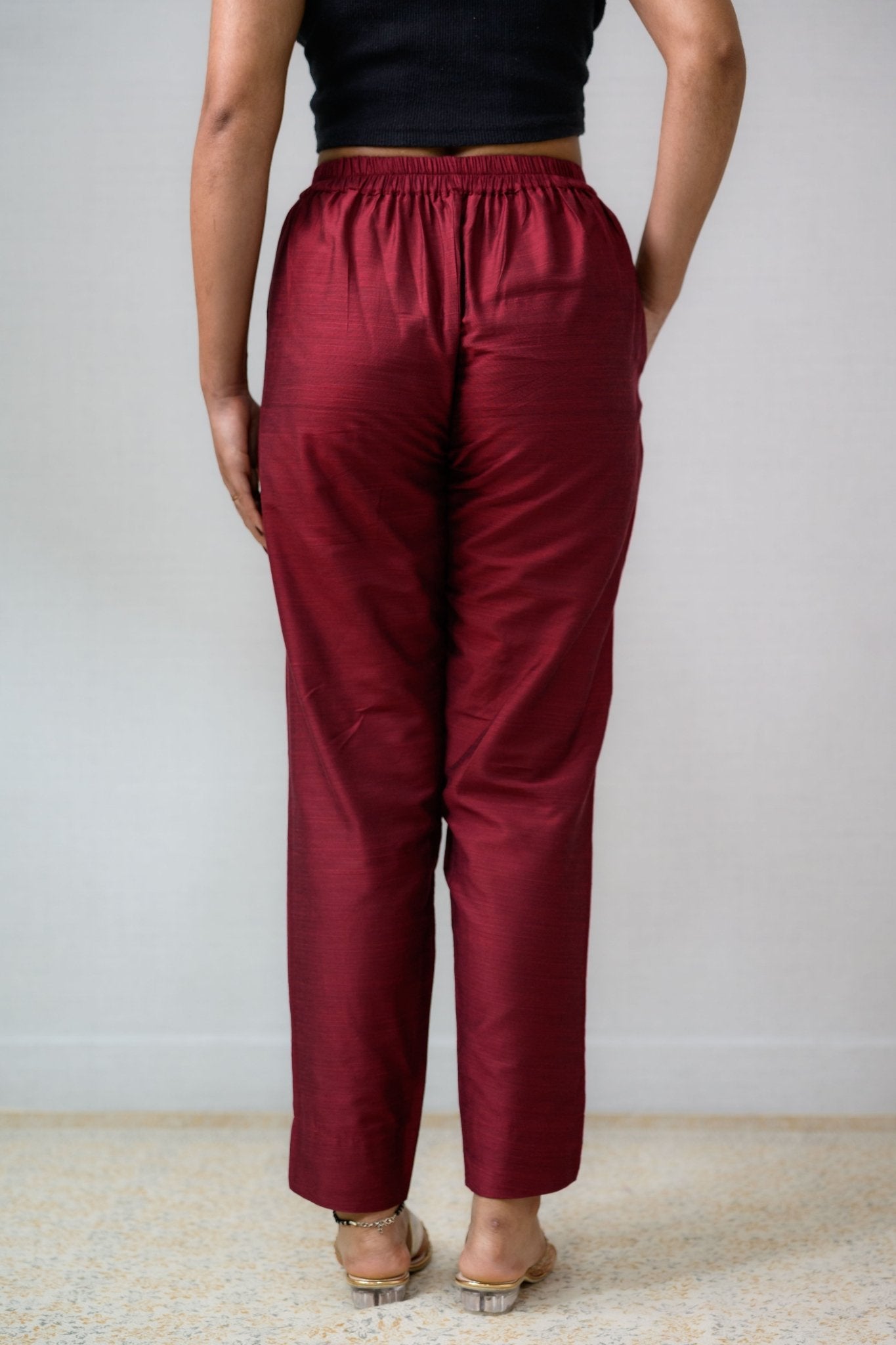 Maroon Slub Silk Pencil Pants - Lobha Deepthis