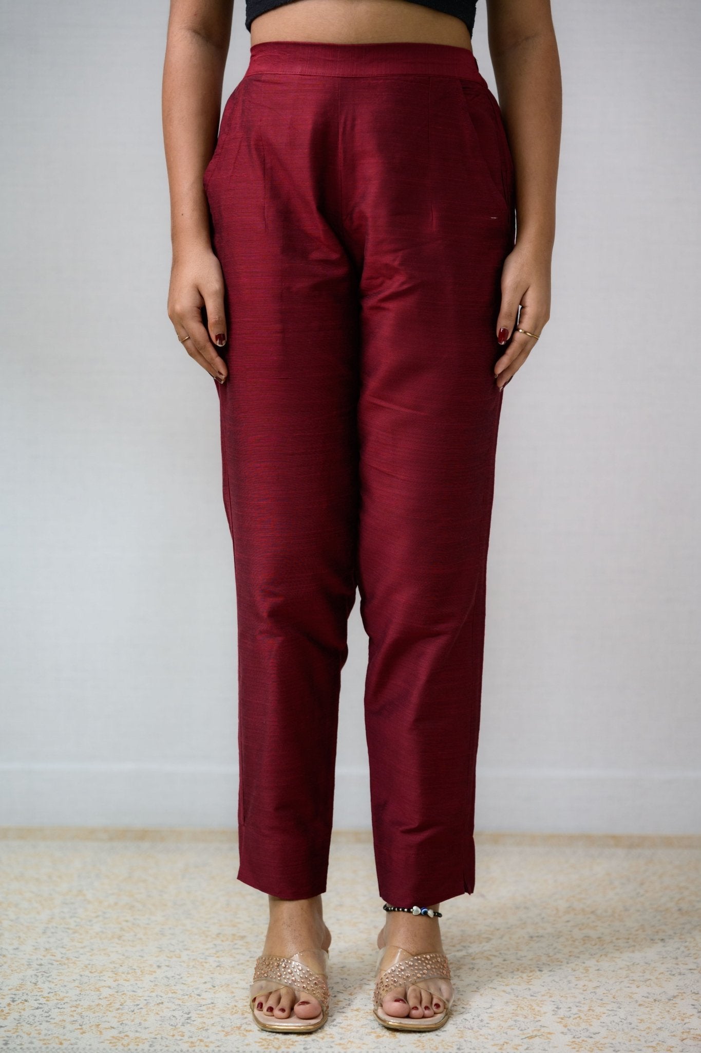 Maroon Slub Silk Pencil Pants - Lobha Deepthis