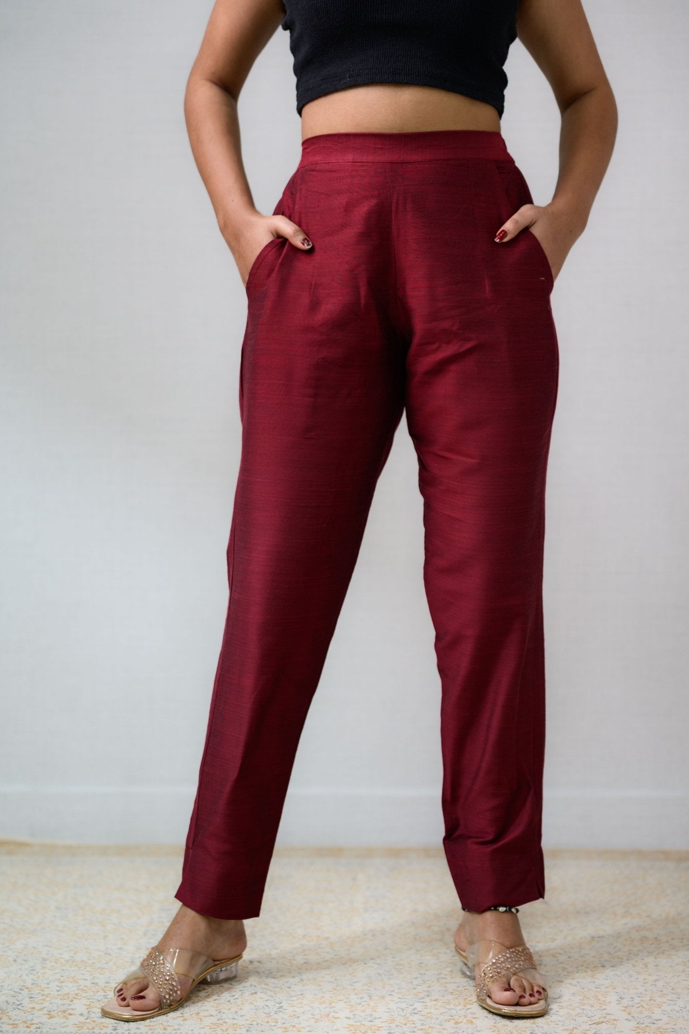 Maroon Slub Silk Pencil Pants - Lobha Deepthis