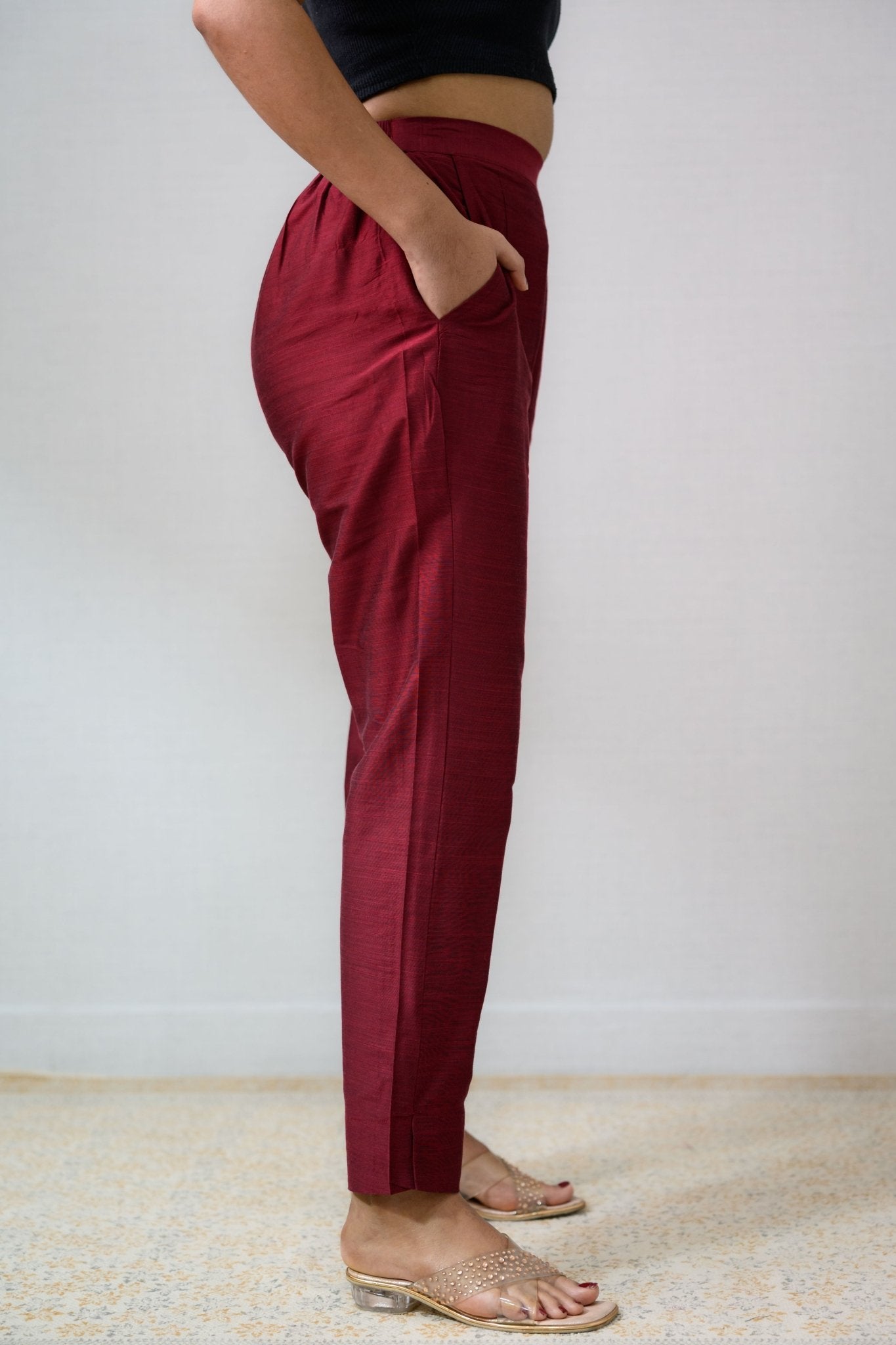 Maroon Slub Silk Pencil Pants - Lobha Deepthis