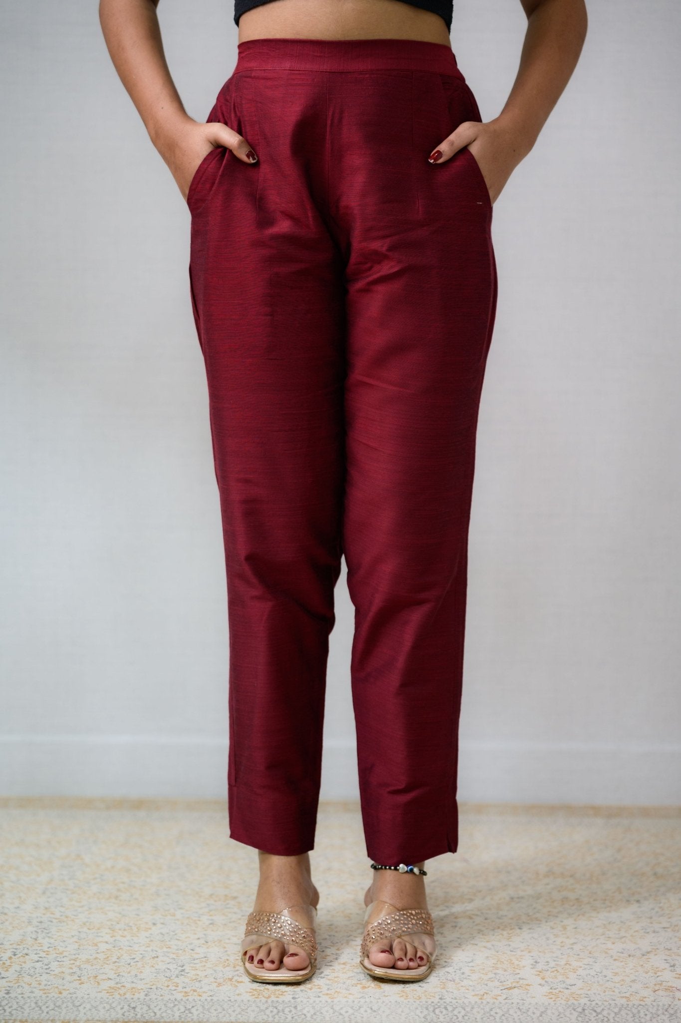 Maroon Slub Silk Pencil Pants - Lobha Deepthis