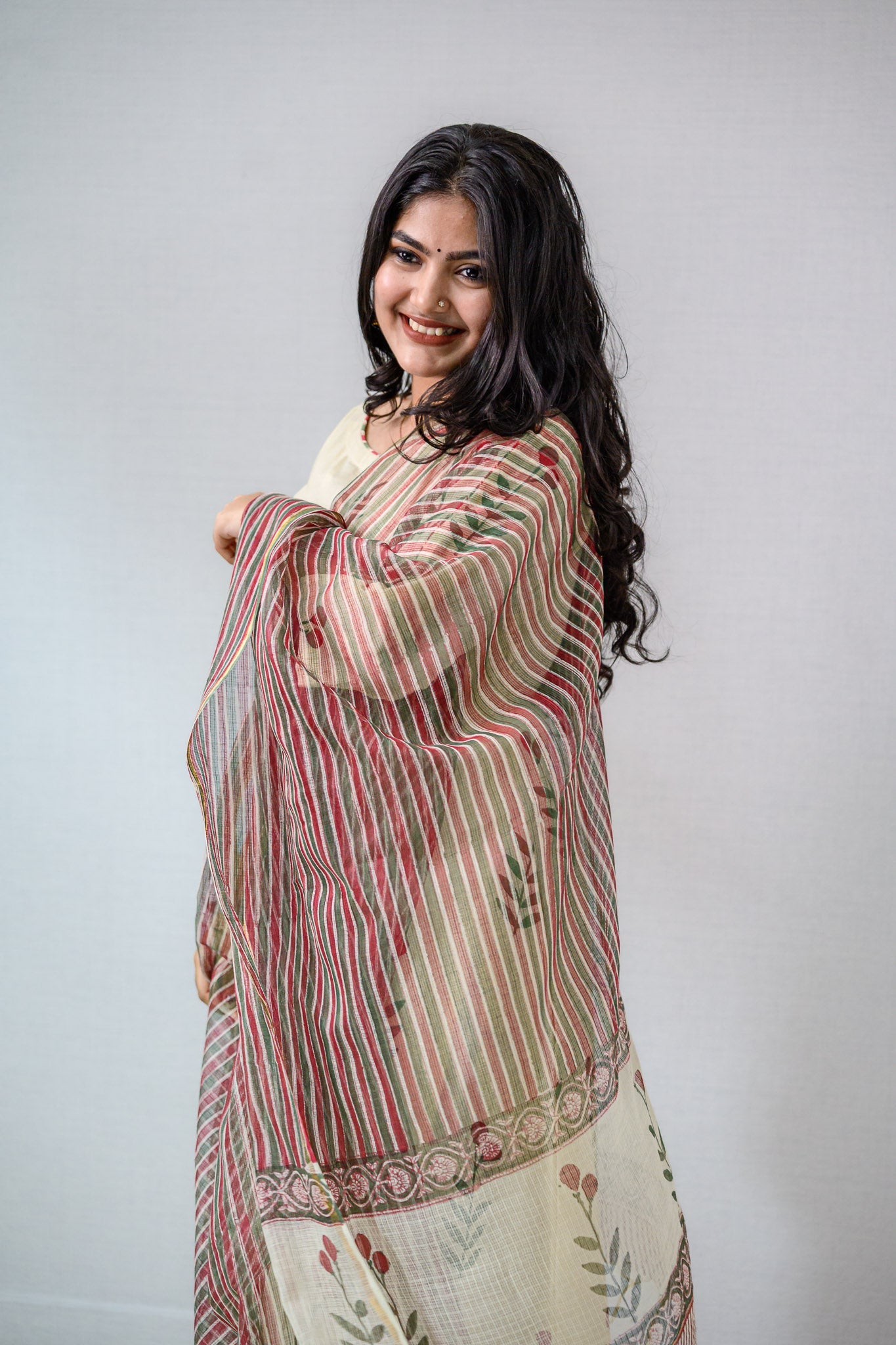 MaroonGreen Stripes on Cream Sanganeri Kota Doria Dupatta - Lobha Deepthis