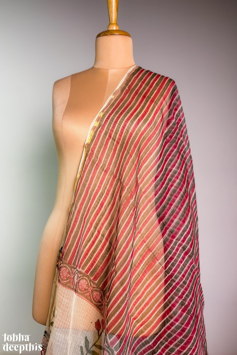 MaroonGreen Stripes on Cream Sanganeri Kota Doria Dupatta - Lobha Deepthis