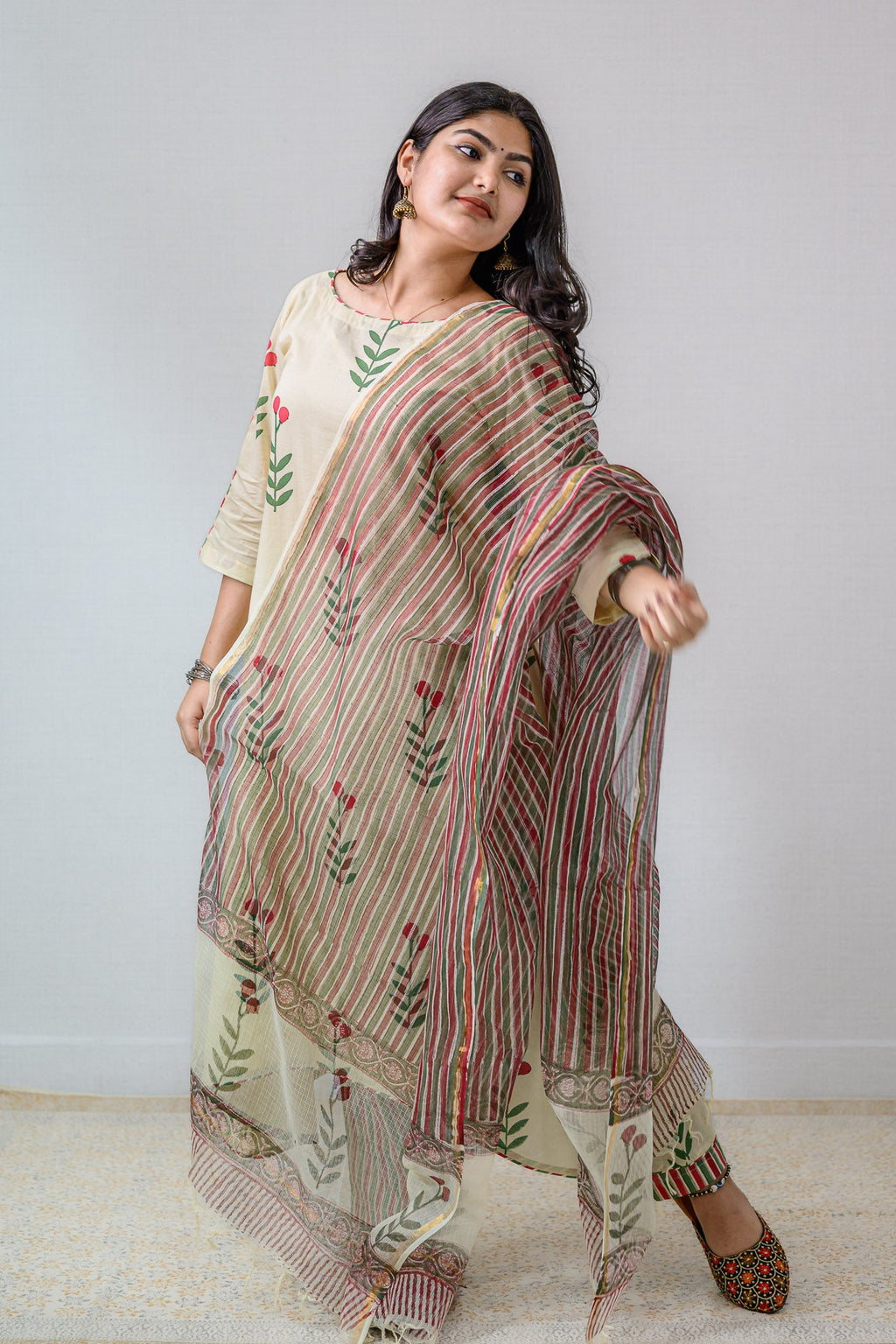 MaroonGreen Stripes on Cream Sanganeri Kota Doria Dupatta - Lobha Deepthis