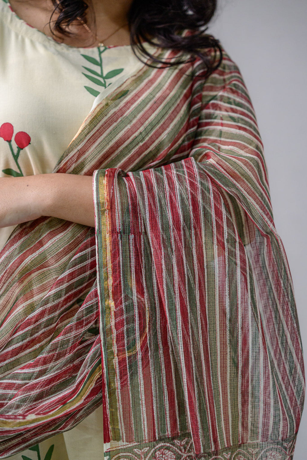 MaroonGreen Stripes on Cream Sanganeri Kota Doria Dupatta - Lobha Deepthis