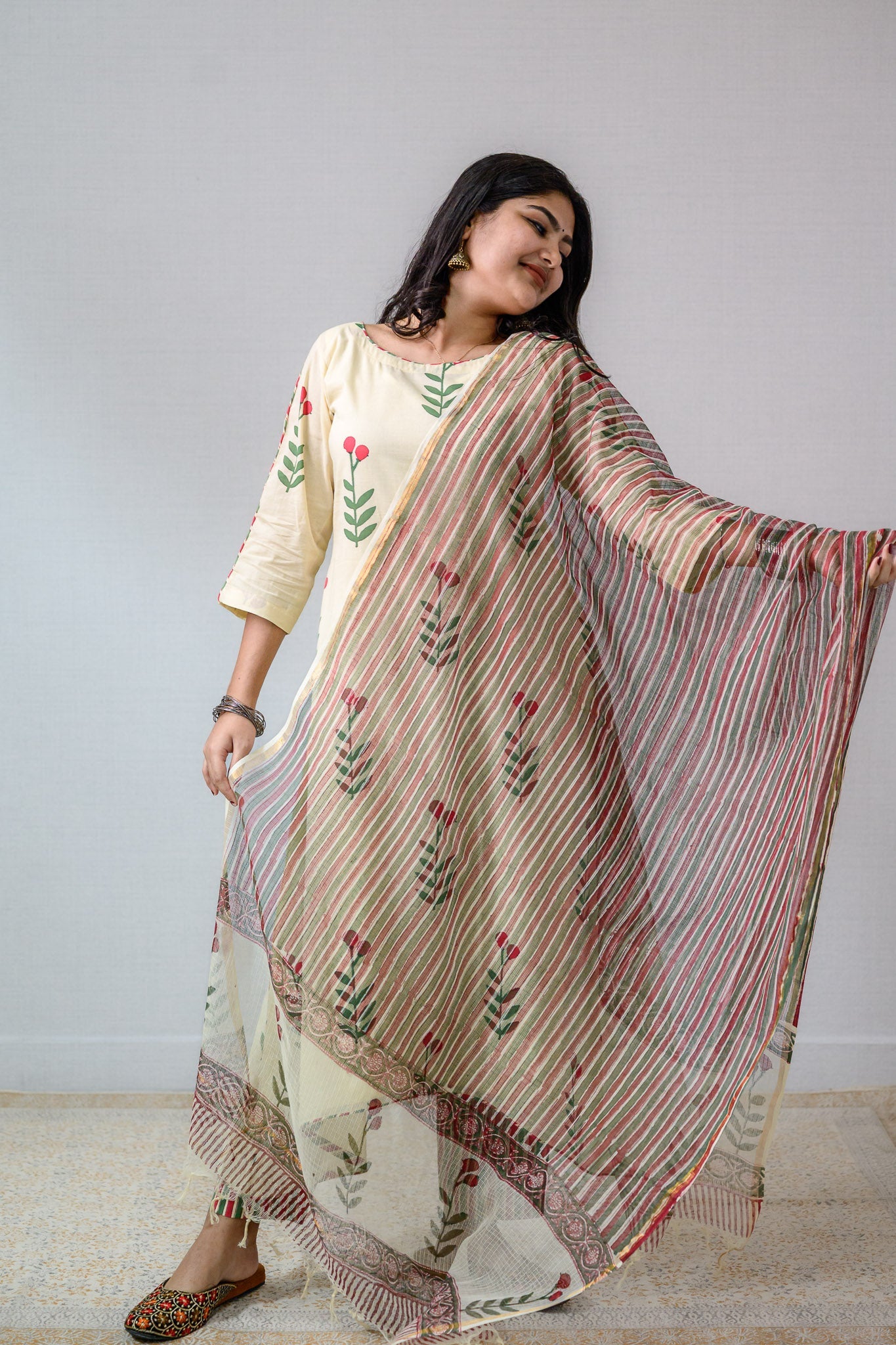 MaroonGreen Stripes on Cream Sanganeri Kota Doria Dupatta - Lobha Deepthis